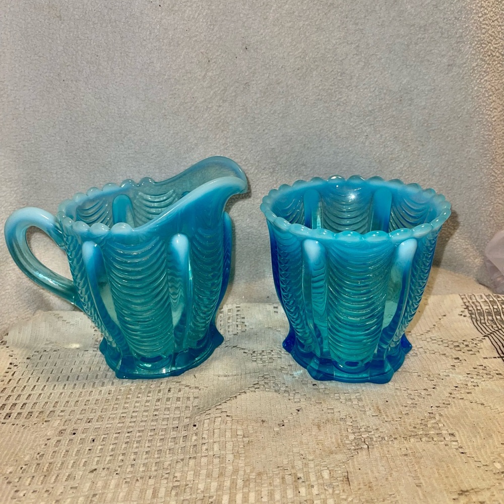 Antique Northwood blue opalescent glass cream and sugar set